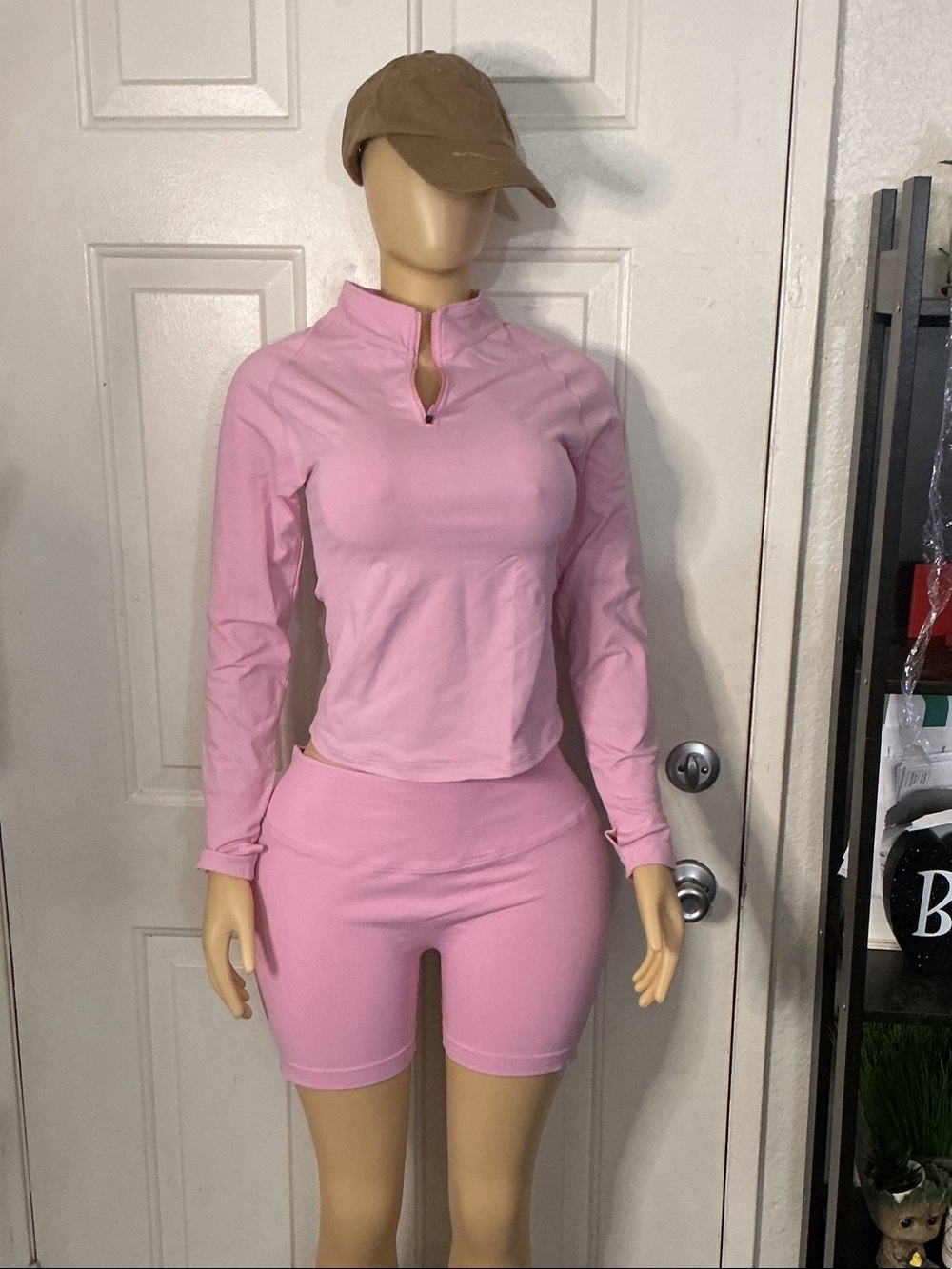 Women's Pink Long-Sleeve Zip-Keyhole Crop Top & Biker Short Set